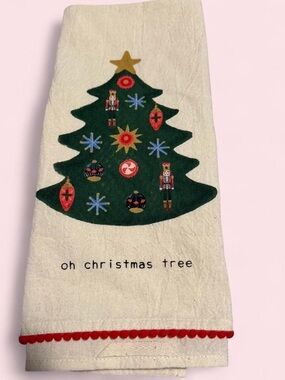 Mud Pie Cream Tea Towel with Green Christmas Tree and Red Trim